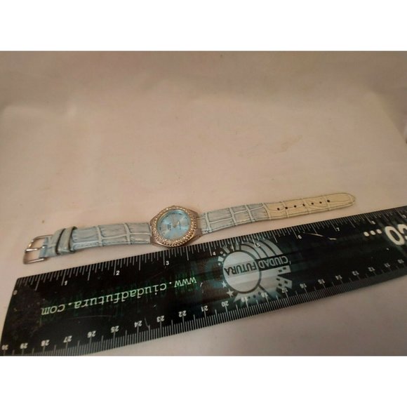 ANNE KLEIN II PEARL DIAL CRYSTAL BEZEL QUARTZ WATCH 10/3633 Blue Leather Band - Picture 7 of 8